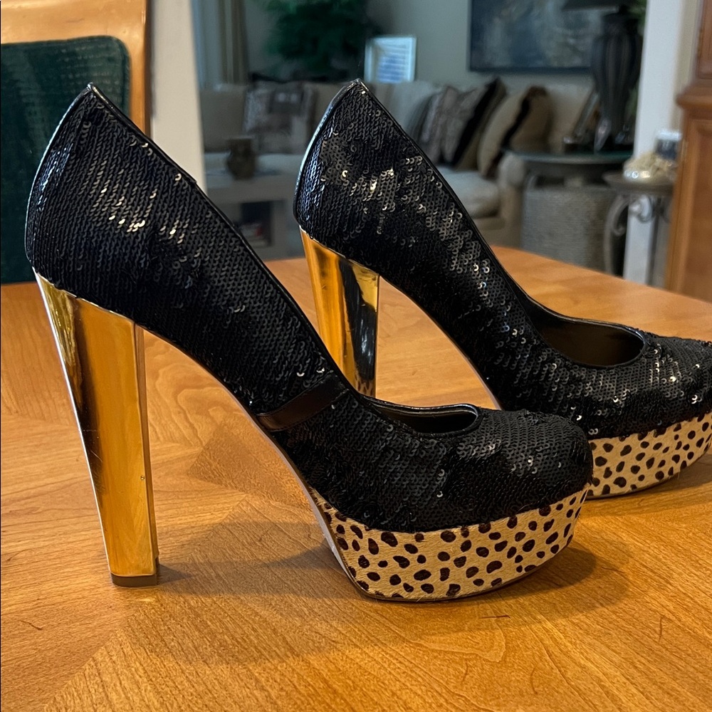 Guess Black and Gold Sequin Heels with Leopard Print